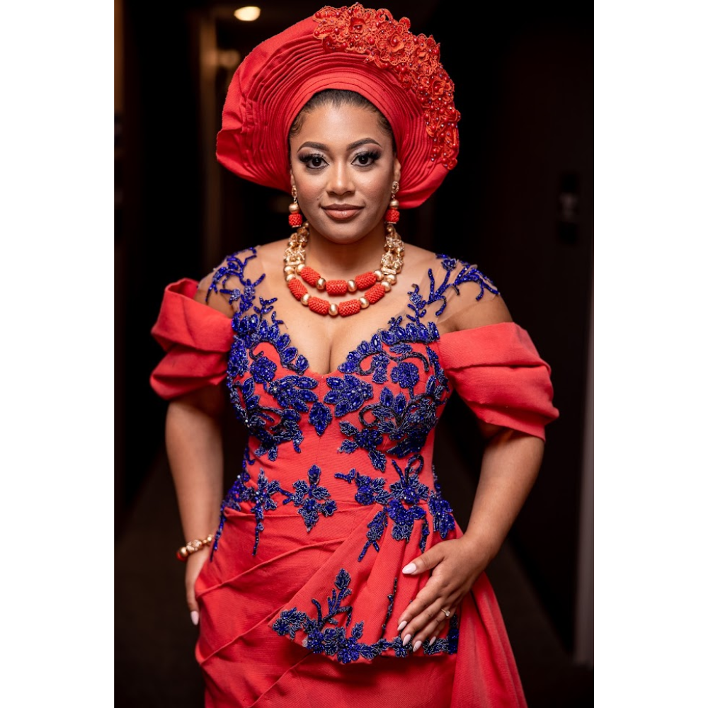 Coral Nigerian Traditional Wedding Dress and Gele