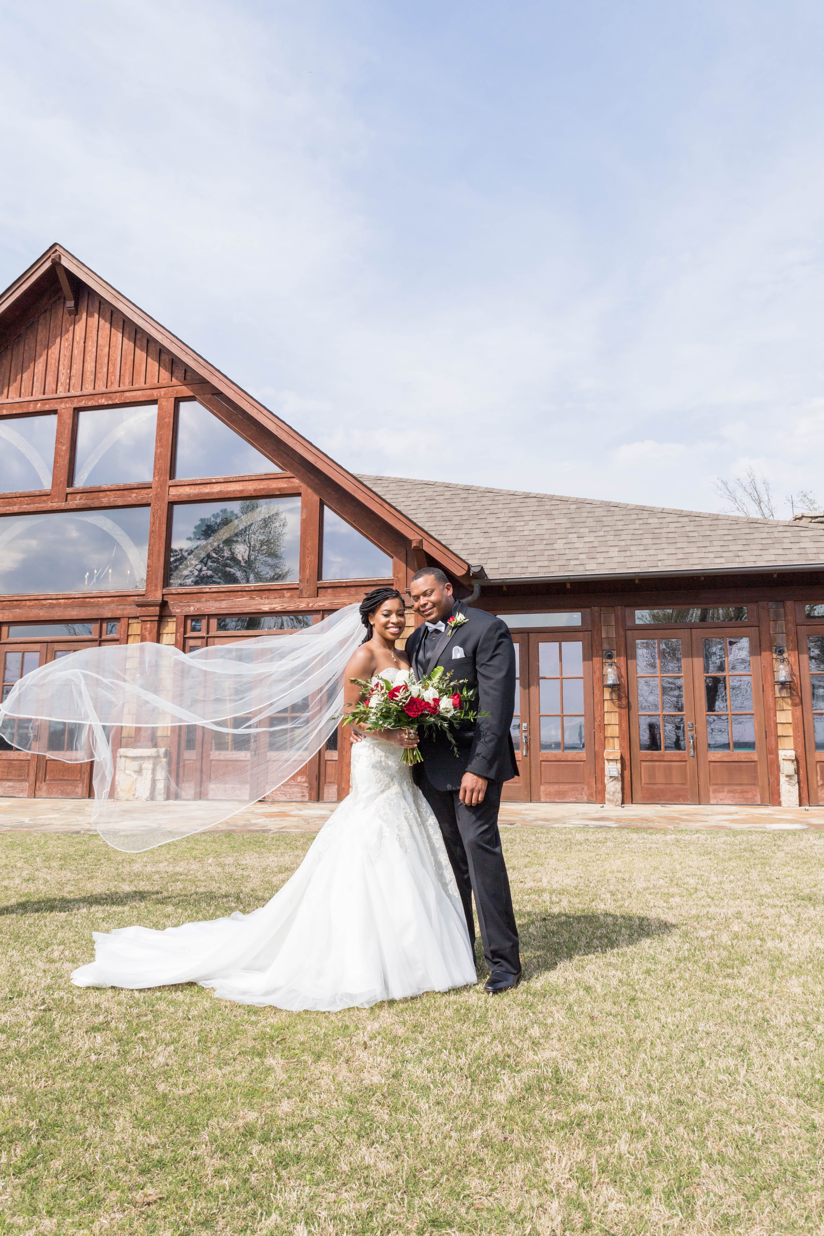 Bride and Groom in front of Foxhall Resort