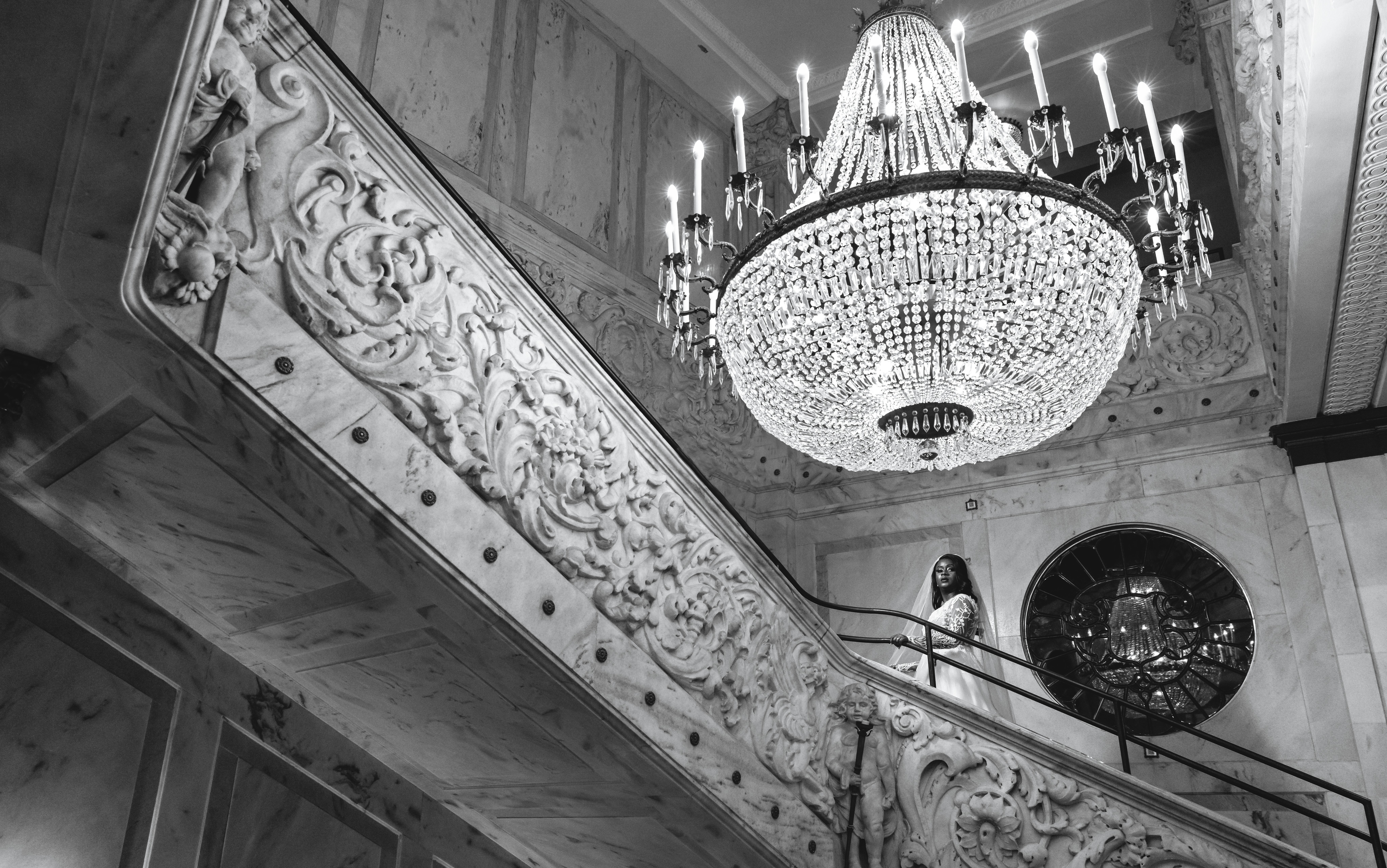 Bride Wedding Gown Aesthetic Chandelier Staircase 