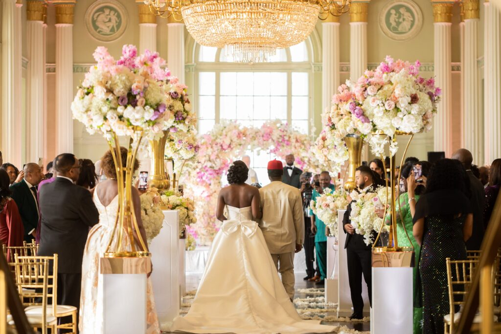 Wedding Ceremony Bride Walking Down Aisle With Guests