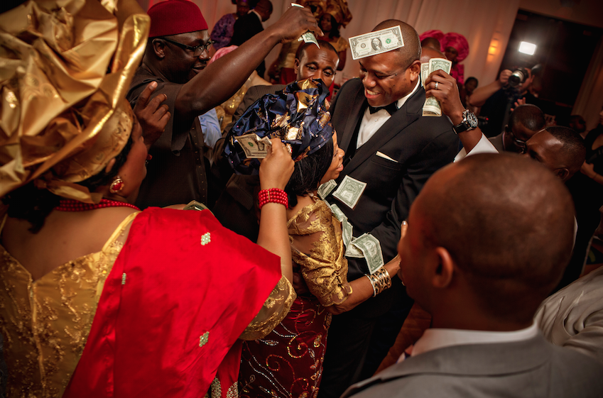 Groom with Mother Money Spraying Nigerian Tradition Wedding Reception