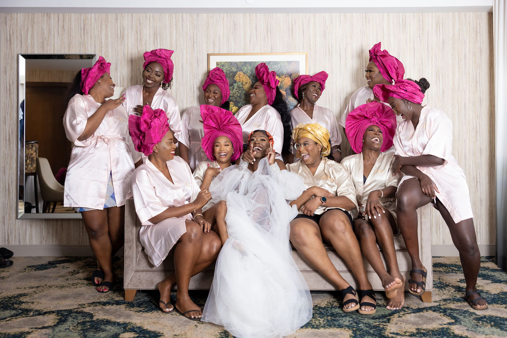 Bride Getting Ready with Bridesmaids Enjoying Best Wedding Day