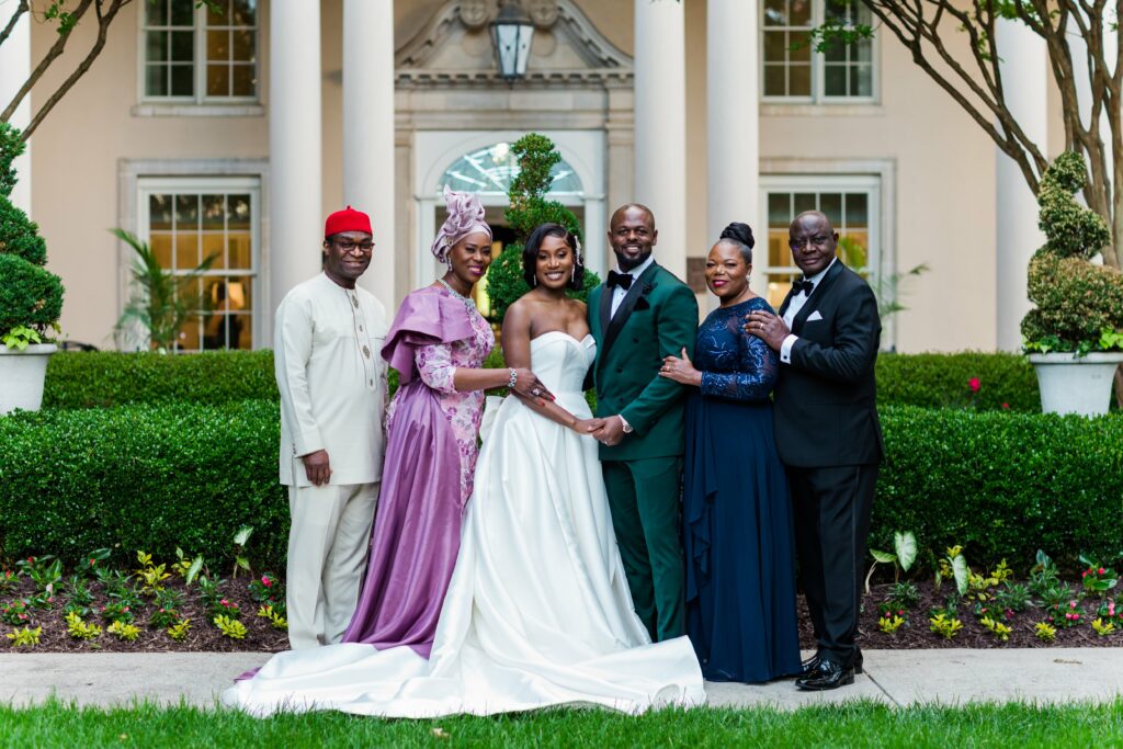 Bride Groom With each side of parents Whole Family Traditional Garden Wedding Day Photo